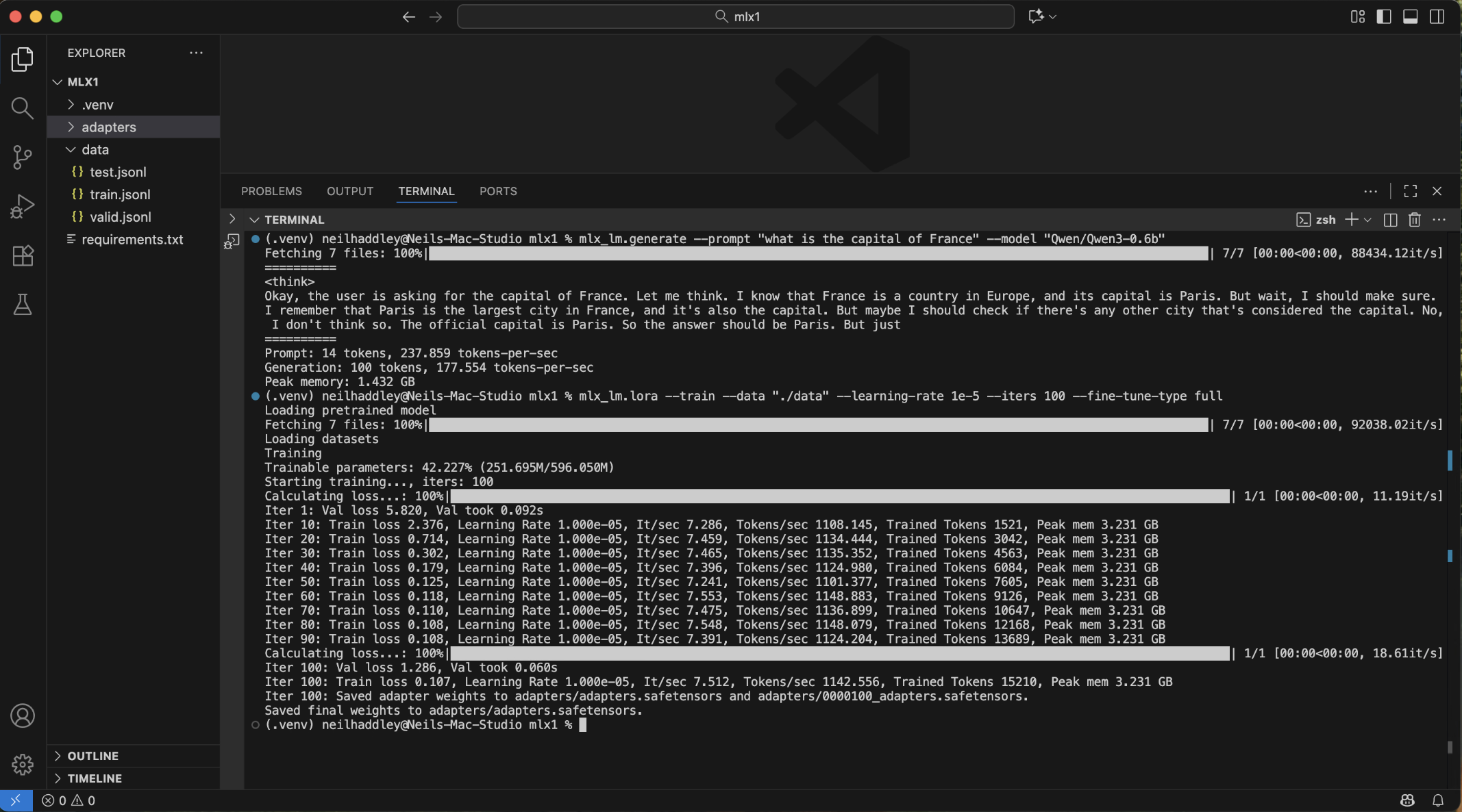 mlx_lm.lora --train --data "./data" --learning-rate 1e-5 --iters 100 --fine-tune-type full